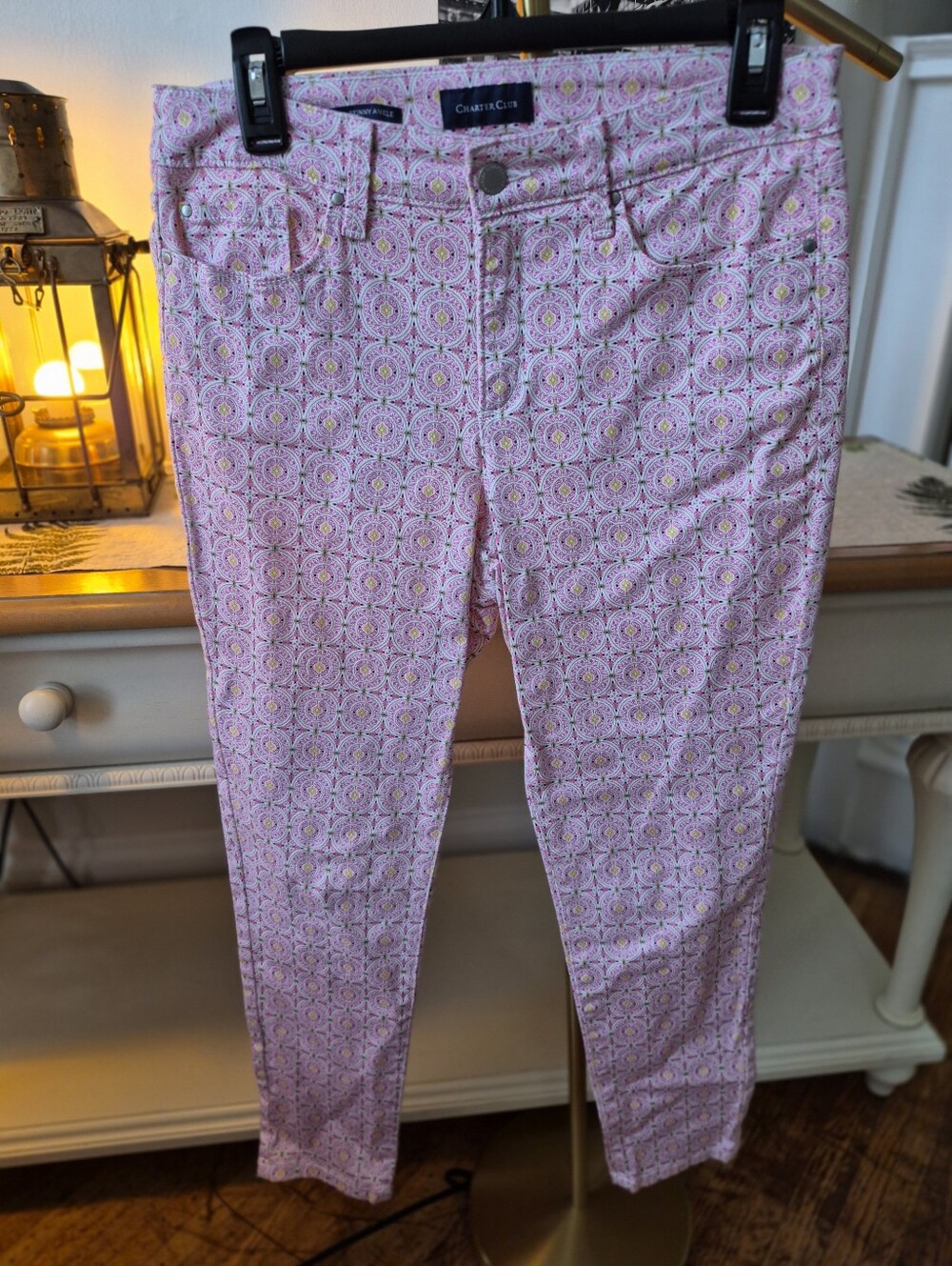 Charter Club Pink/Yellow/White Geometric Skinny Ankle Pants